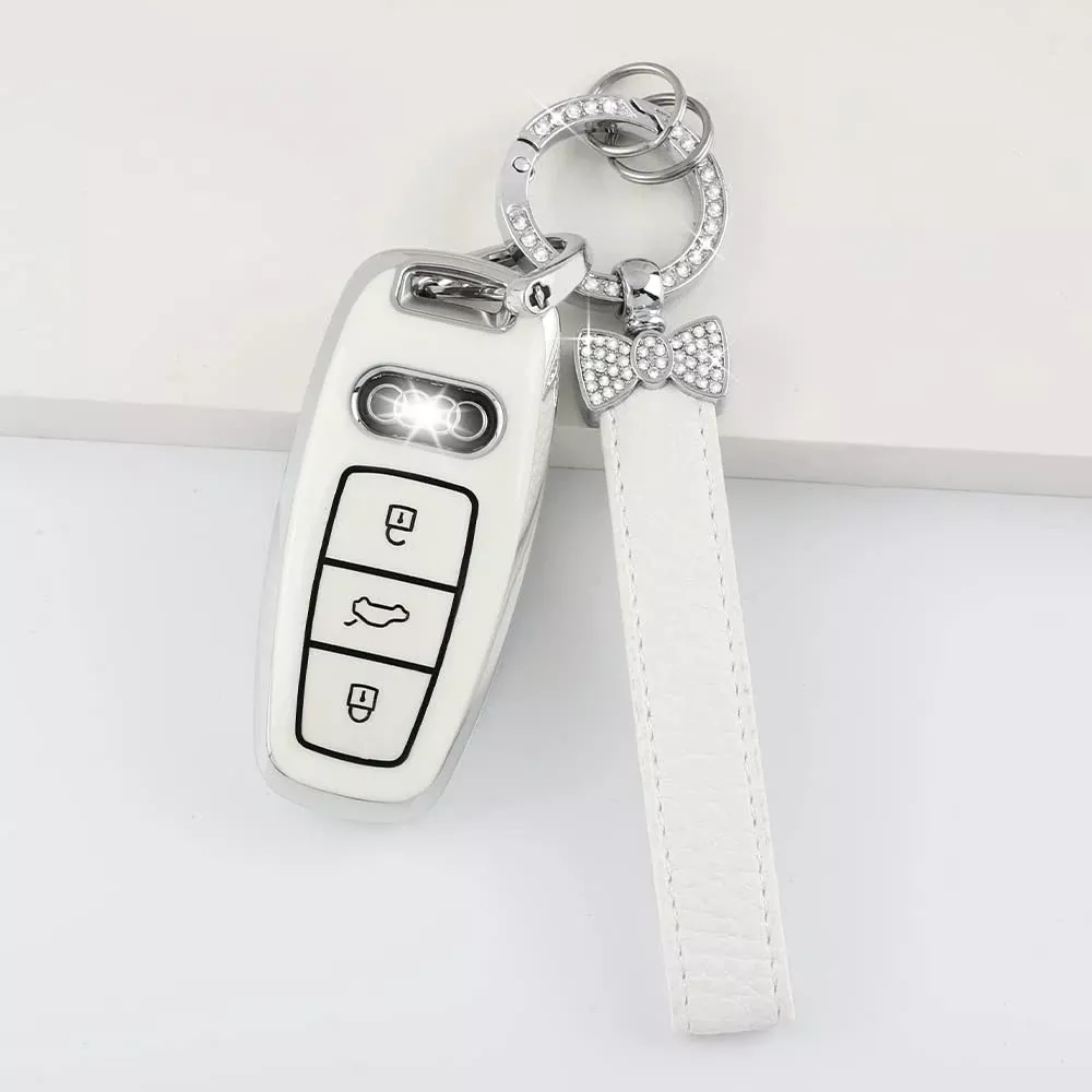 1797 For Audi Key Fob Cover Bling Keychain A6 A7 A8 Q7 Q8 S6 S7 Accessories Car Remote Case Shell Protector Girly Cute 3 Button White Silver Tpu