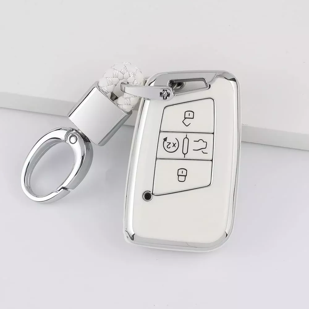 1797 VW Key Fob Cover for Type C, TPU Material, 4 Button, White Silver, Compatible with Jetta Tiguan Arteon Atlas Taos