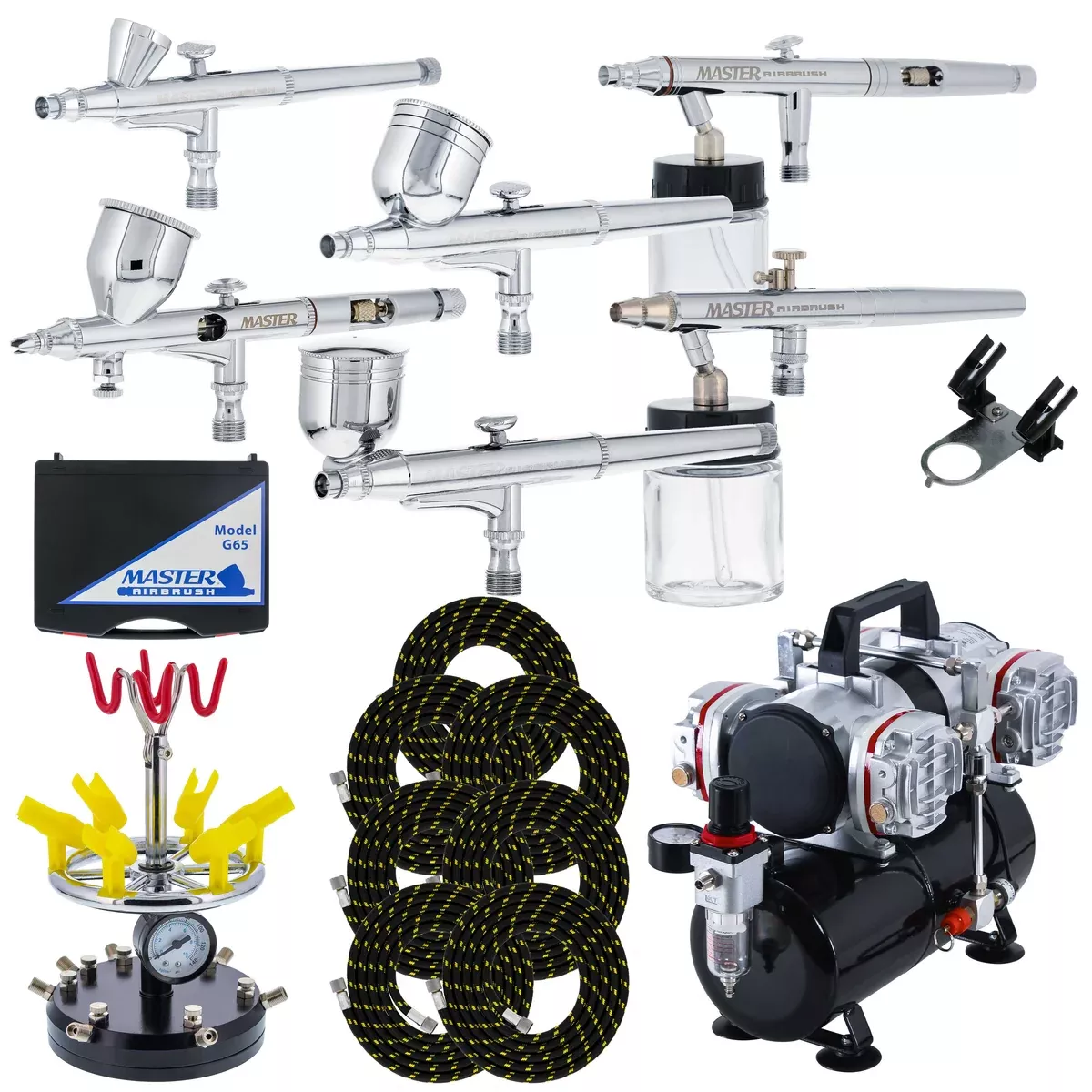 6 Master Model G22, G34 & G44 Gravity Feed, S62 & S68 Siphon Feed, S68 Side Feed Airbrushes with Air Compressor with Air Storage Tank