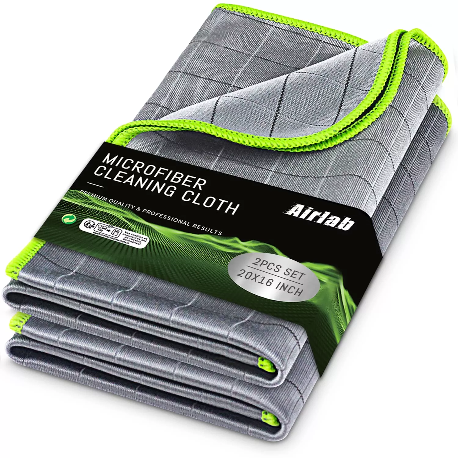 Airlab Carbon Microfiber Towels for Car Glass Cleaning, 20"x16", Lint-Free, Streak-Free, 400GSM, Pack of 2