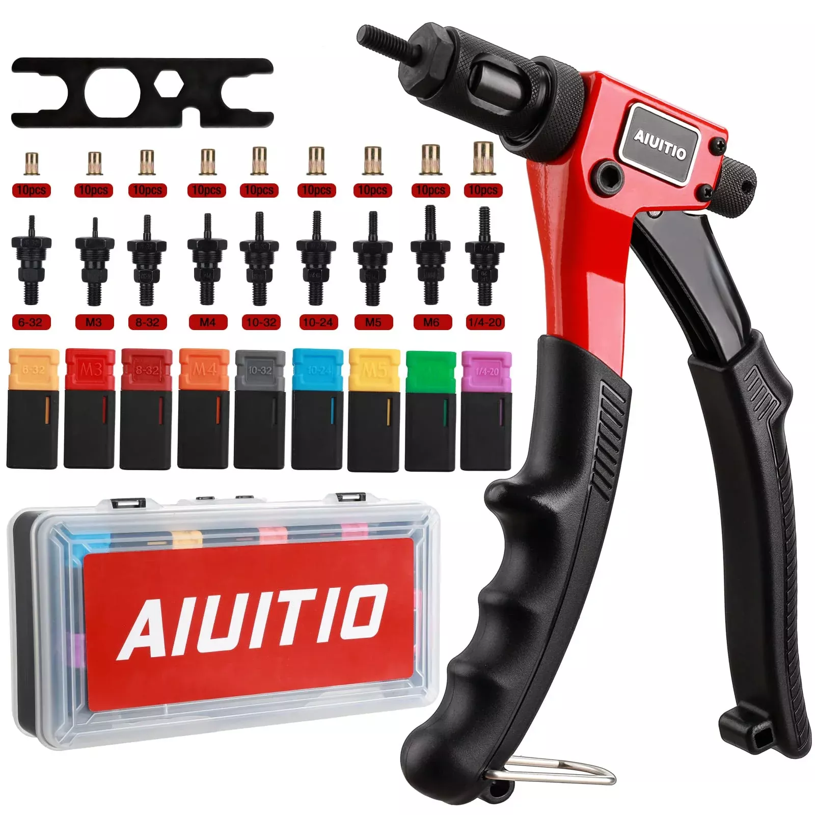 Aiuitio 8 Rivet Nut Tool, Rivnut Tool Kit With 9 Metric And Sae Mandrels, Nutsert Rivet Tool Set With 90Pcs Rivnuts, Sturdy Case Packed, Designed For Tight Space