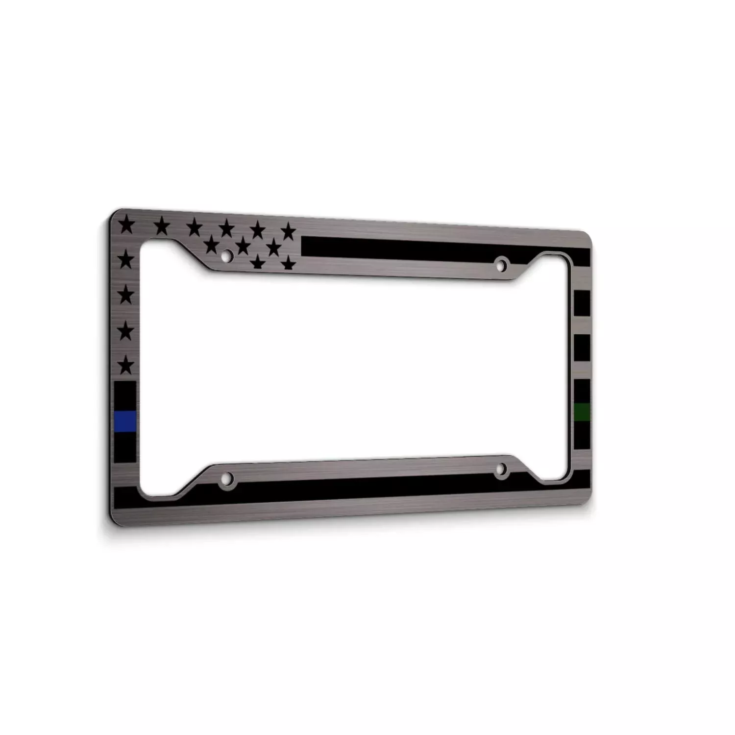 American Flag License Plate Frame - Thin Blue Line Thin Green Line- Car Tag Frame -Blue Green On Brushed Police Miltary Border Patrol Park Ranger Game Warden