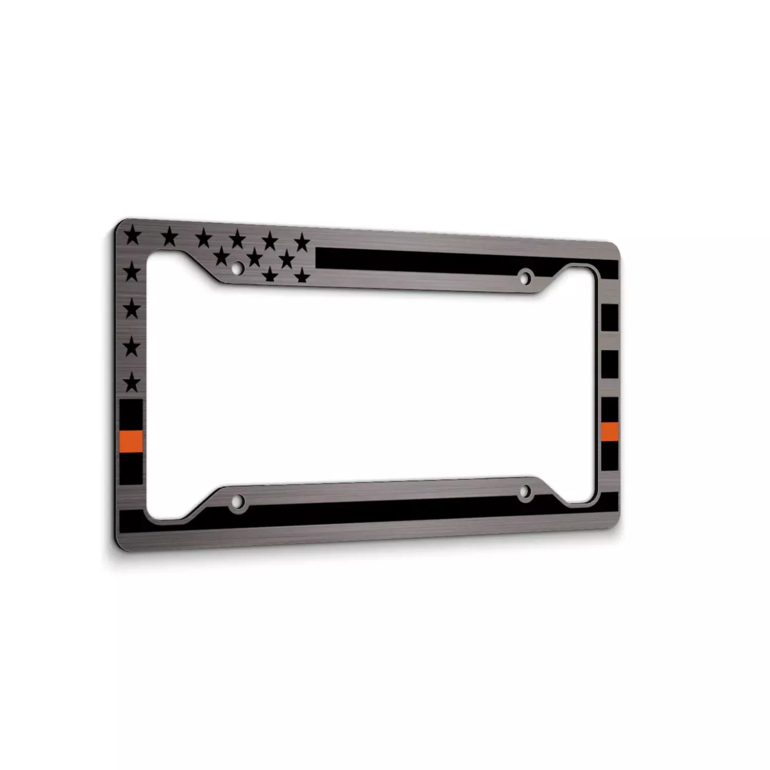American Flag License Plate Frame - Thin Orange Line- Car Tag Frame -Orange On Brushed Search And Rescue Sar