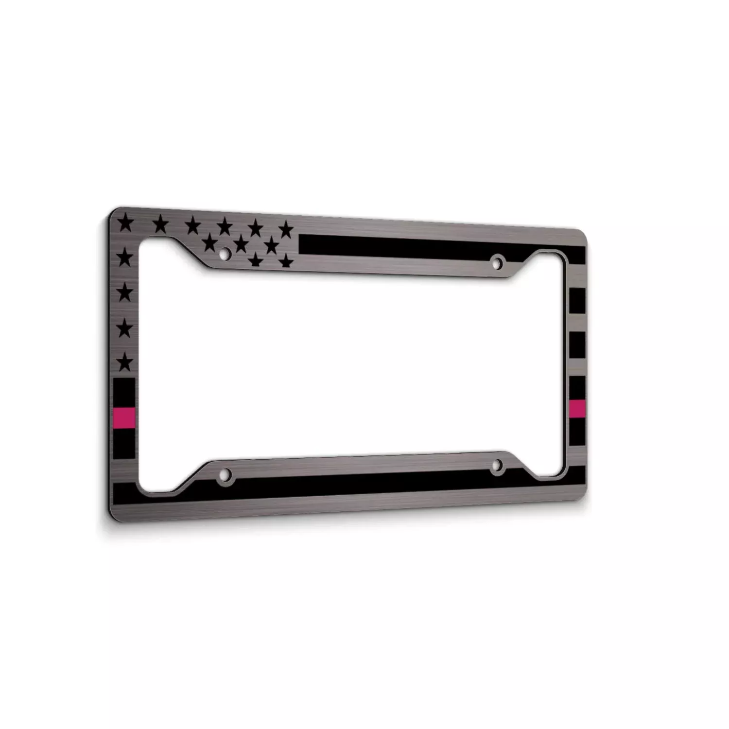 American Flag License Plate Frame - Thin Pink Line- Car Tag Frame -Pink On Brushed Breast Cancer Awareness