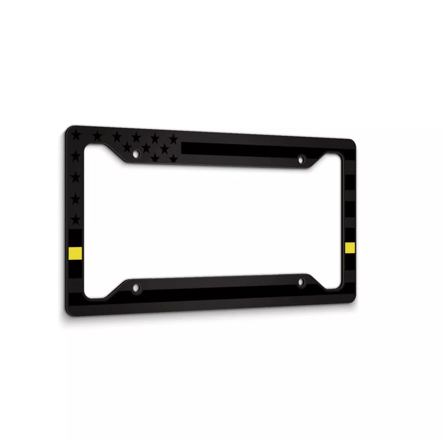 American Flag License Plate Frame - Thin Yellow Line- Car Tag Frame -Yellow On Black Dispatchers Security Loss Prevention Tow Truck Drivers
