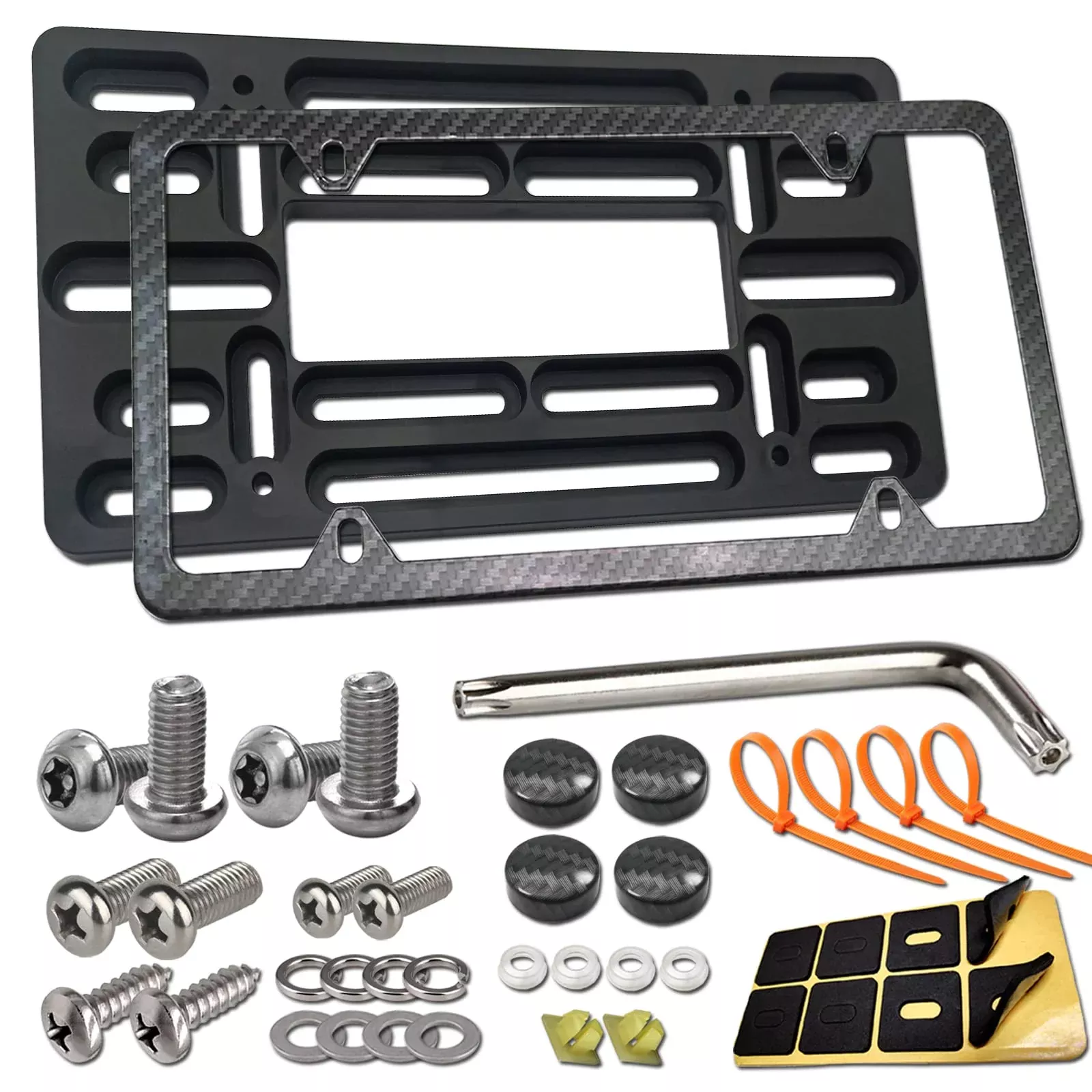 Aootf Front License Plate Bracket- Universal Front Bumper License Plate Mounting Kit, Car Tag Holder Adapter& Carbon Fiber Plate Cover, Anti-Theft Lock Screws, Caps, Nuts, For Us Vehicle Trailer Truck