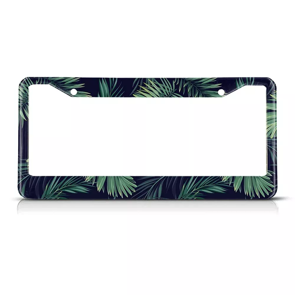 Beabes Dark Tropical Leaves License Plate Frame Auto Tag Frames Green Palm Tree License Plates Holder 2 Holes Leaf Hawaii Decorative Car Truck Motorcycle License Plates Cover Tag For Men Women