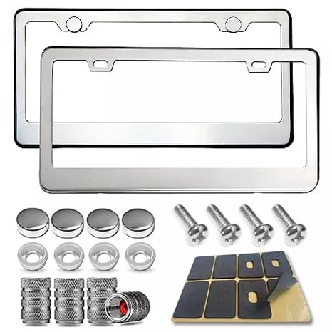 Bggtmo Stainless Steel License Plate Frames- Heavy Duty Metal Car Tag Cover For Front & Rear, 2 Pack Slim Holders With Chrome Screws Caps For Women/Men, Rust/Rattle Proof Pads, Tire Valve Stem Caps