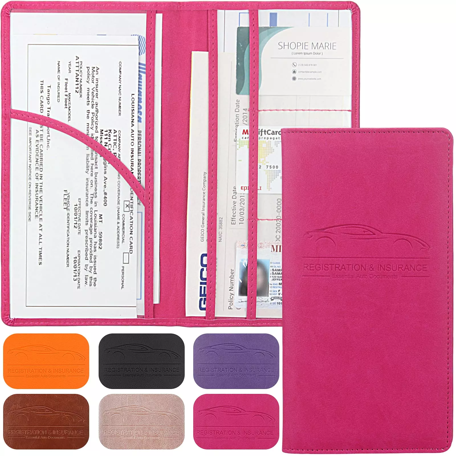 Car Registration And Insurance Holder, Premium Leather Registration And Insurance Card Holder,Vehicle Glove Box Car Organizer,Wallet Accessories Case With Magnetic Shut For Cards, Essential Document, Driver License (Rose Red)