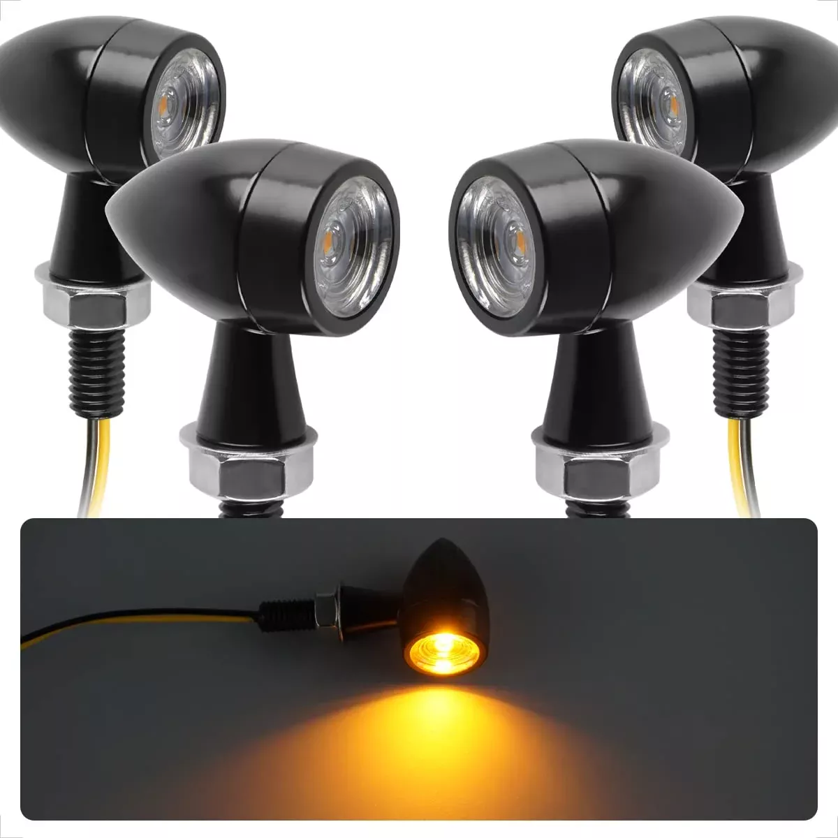 Evermotor Mini Bullet Motorcycle Turn Signals - Universal Led Blinker Lights, Waterproof Front And Rear Indicators For Harley, Dirt Bike, Yamaha, Honda, Cafe Racer, Cruiser - Amber Light, 4Pcs