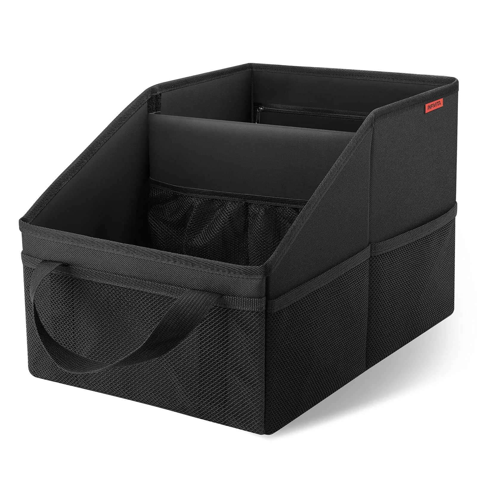 INFIVITA Car Organizer - Black Oxford Cloth Caddy with Dividers, Handles, and Mesh Pockets for Front and Back Seat or Floor