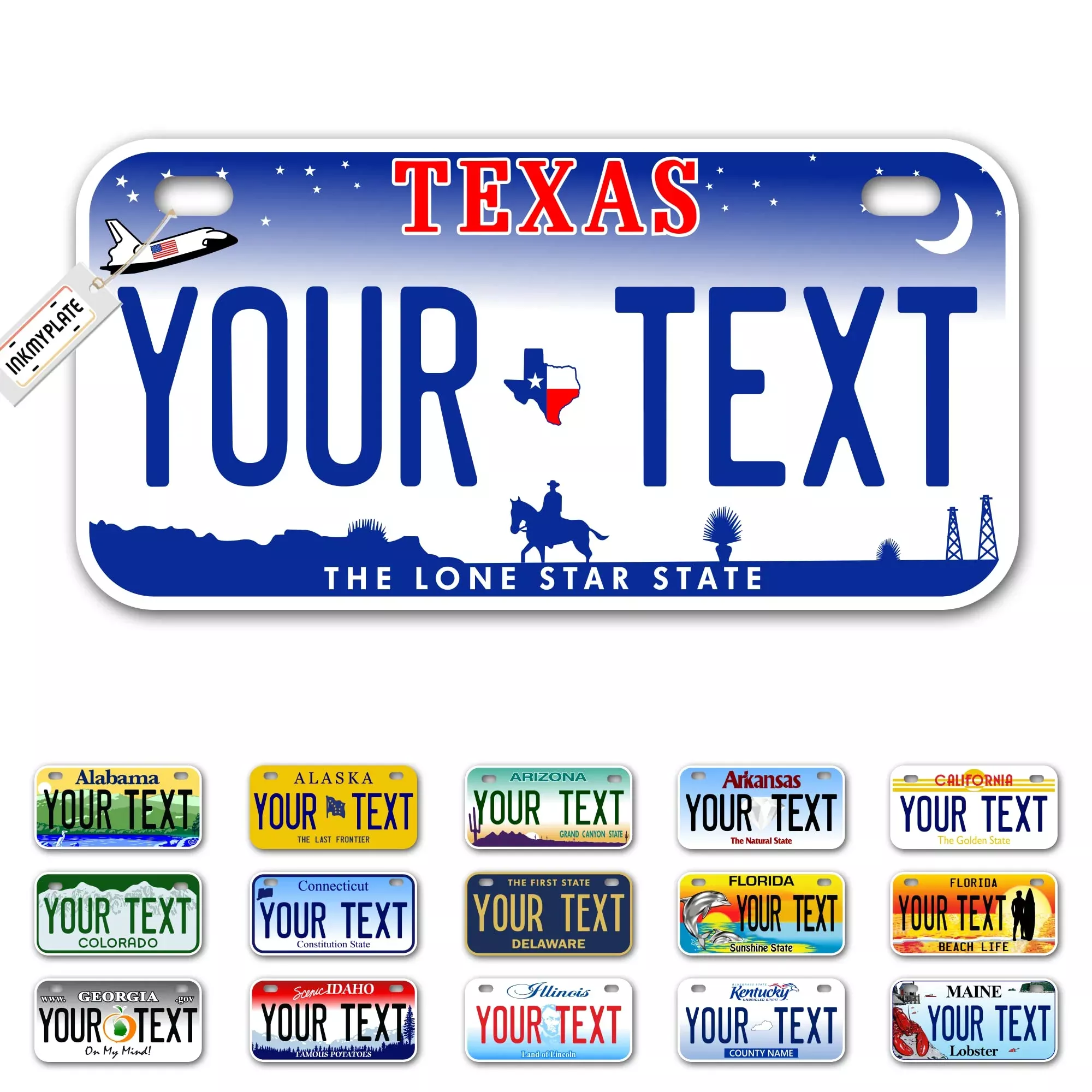 Inkmyplate Personalized Texas Small License Plate | Bike 6X3 Inch | Select From All 50 States | 3 Sizes | Custom License Plates For Kids Bicycles | Power Wheels | Usa Thick .040 Aluminum