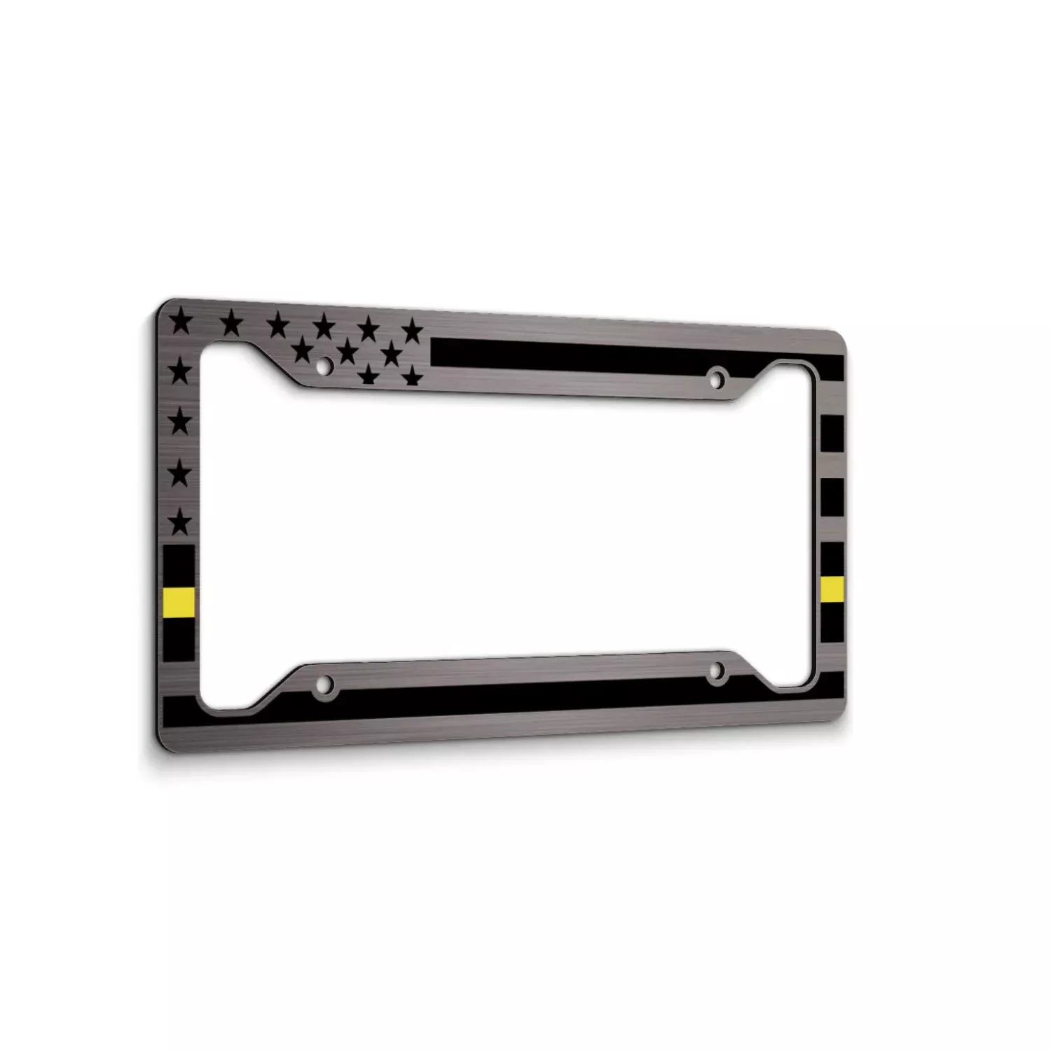 JASS GRAPHIX American Flag License Plate Frame - Thin Yellow Line - Brushed Aluminum Car Tag Frame for Tow Truck Drivers