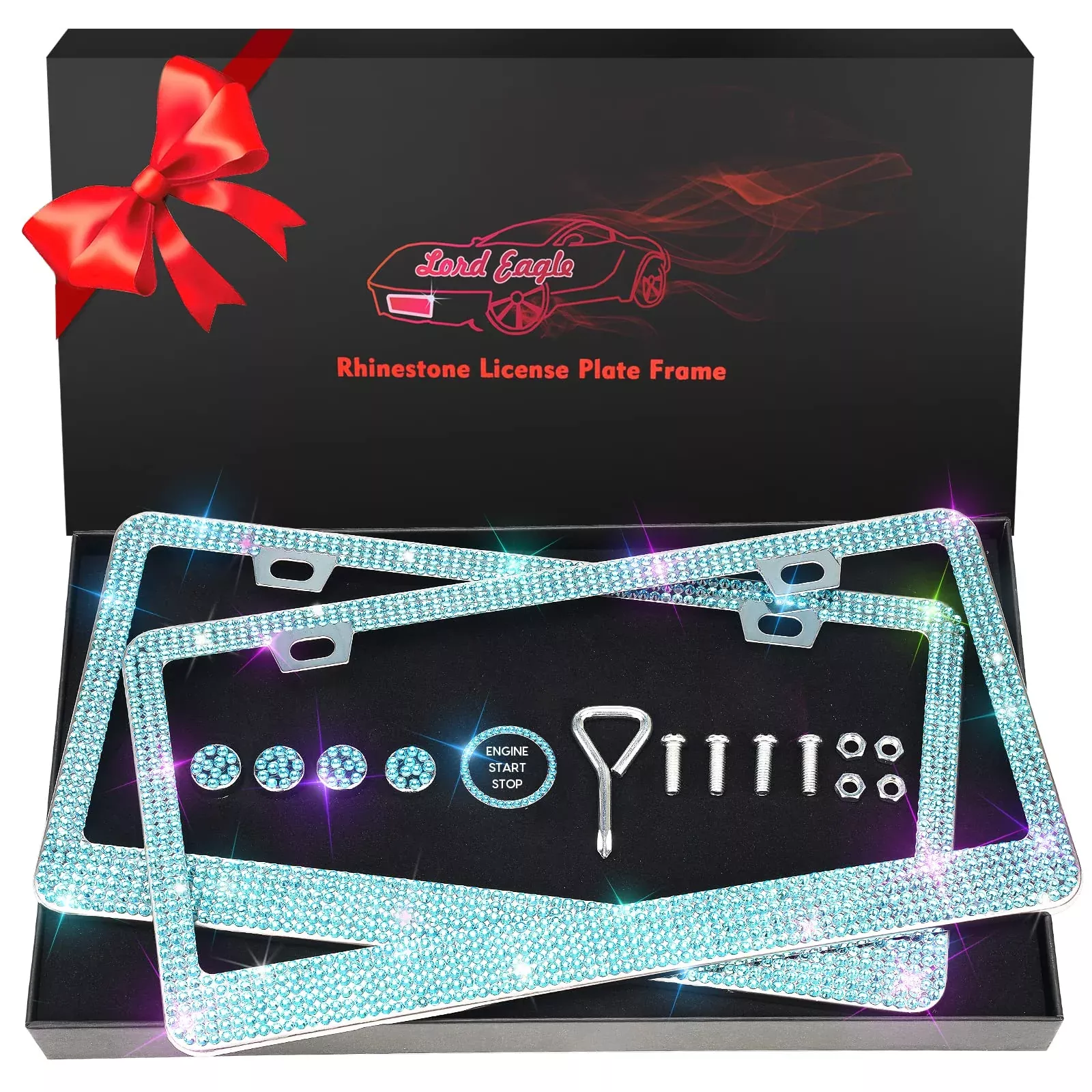 Lord Eagle License Plate Frame For Women, 2 Pack Rhinestone License Plate Frames With Giftbox And 7 Shiny Crystal Rows,Over 1050 Pcs 14 Facets Ss16 Finest Handcrafted Luxury
