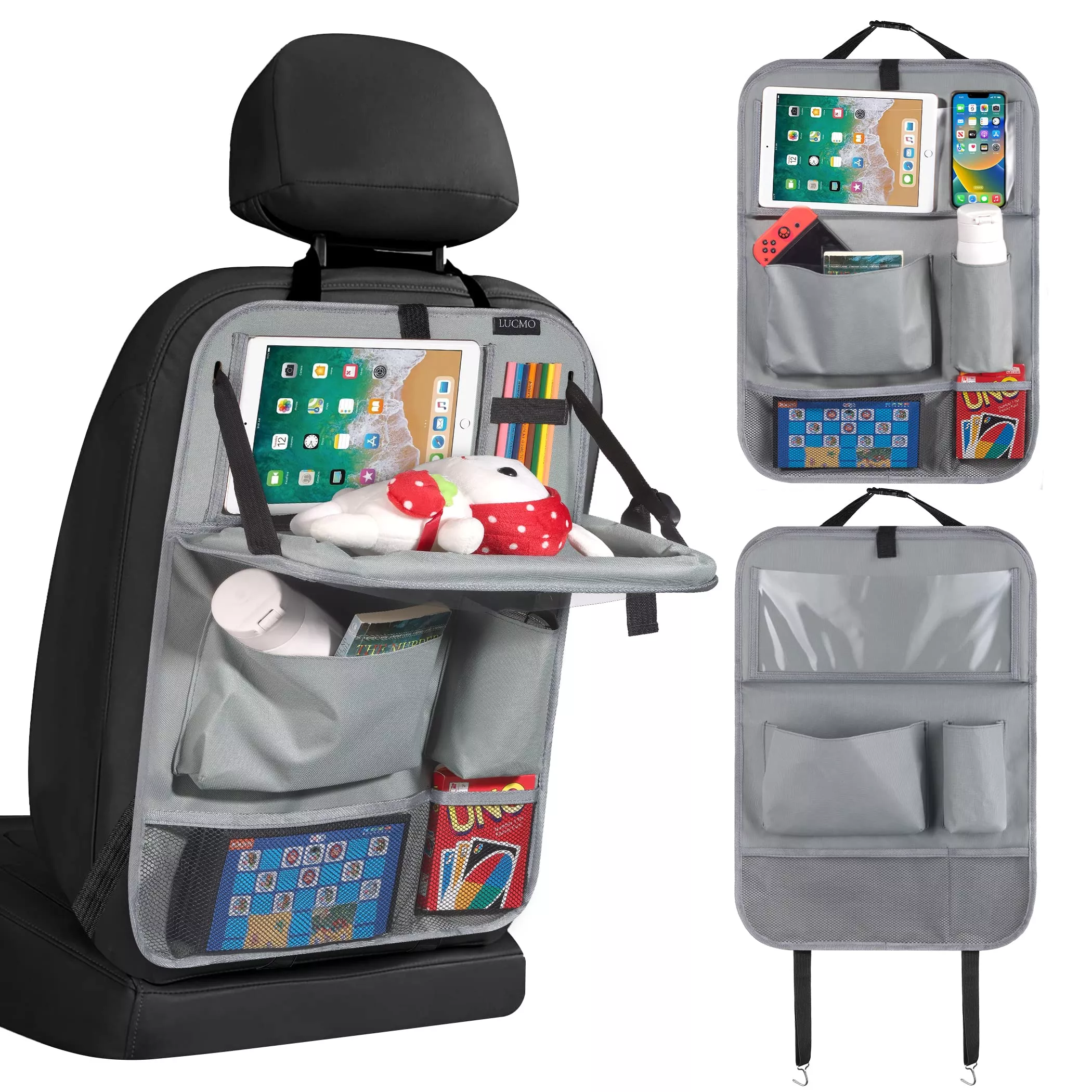 LUCMO Car Backseat Organizer with Tablet Holder & Food Tray, 6 Pockets, Grey, Model LCS-GRT3P, Durable Polyester Travel Accessory