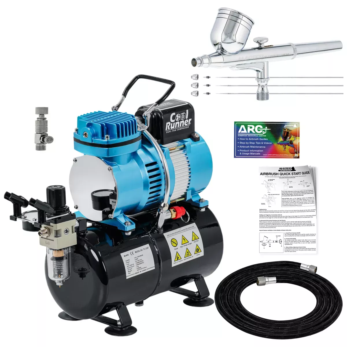 Master Airbrush Cool Runner II Dual Fan Airbrush and Compressor Kit with Gravity Air Brush with 3 Tips (0.2, 0.3 & 0.5mm Nozzle Tip), Compressor with