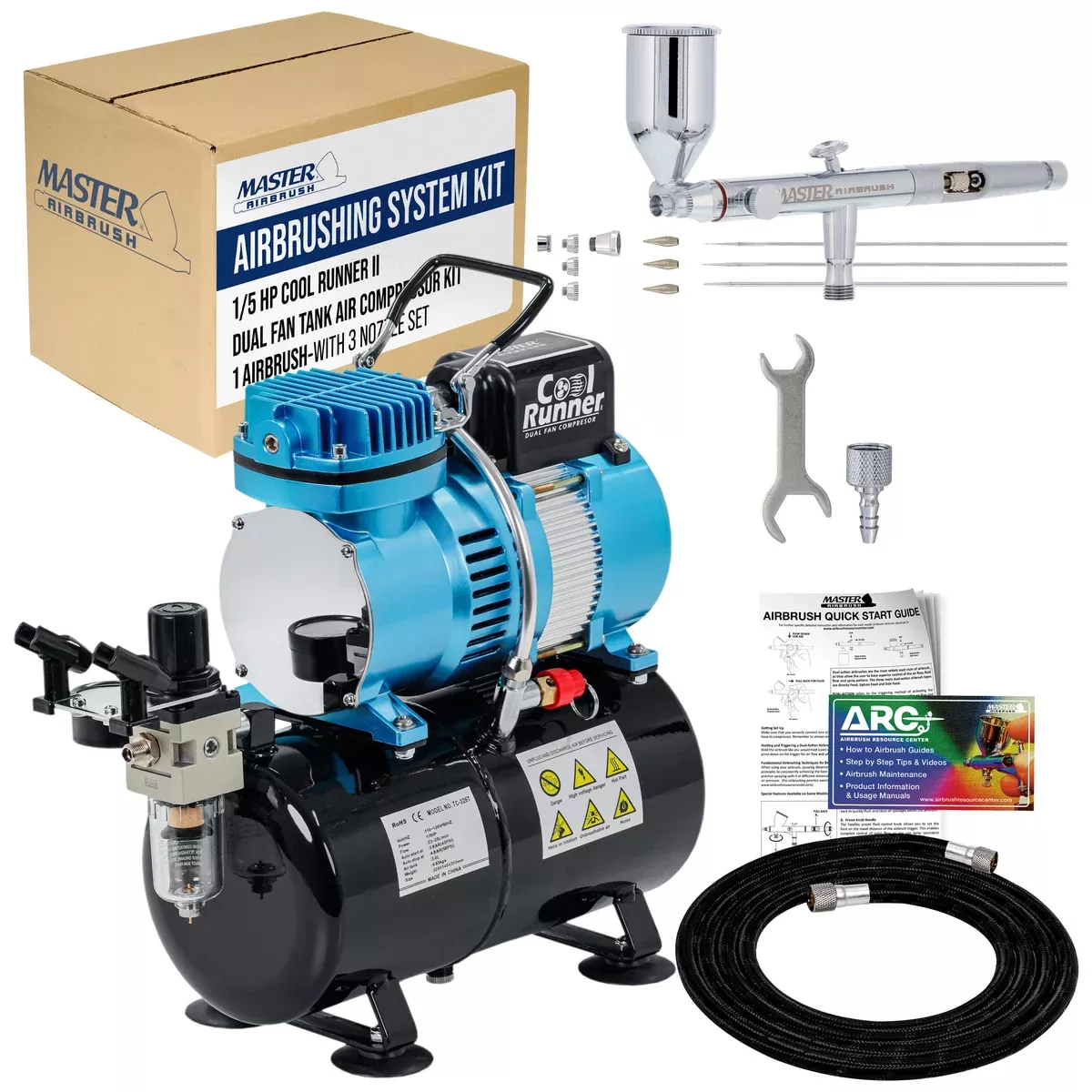 Master Airbrush SB88 Pro System - Dual-Action Side Feed Airbrush, Tank Compressor, 3 Nozzle Sets (0.3, 0.5, 0.8mm), 1/2oz Gravity Cup, How To Guide