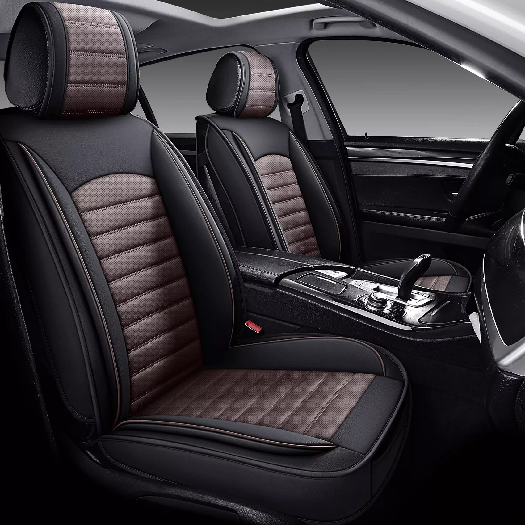 Omoka Auto Car Seat Covers With Waterproof Leather,Vehicle Cushion Cover For Cars Suv Sedan Pick-Up Truck Universal Fit Set For Most Cars(Black-Coffee, 5 Sets Full Seat)