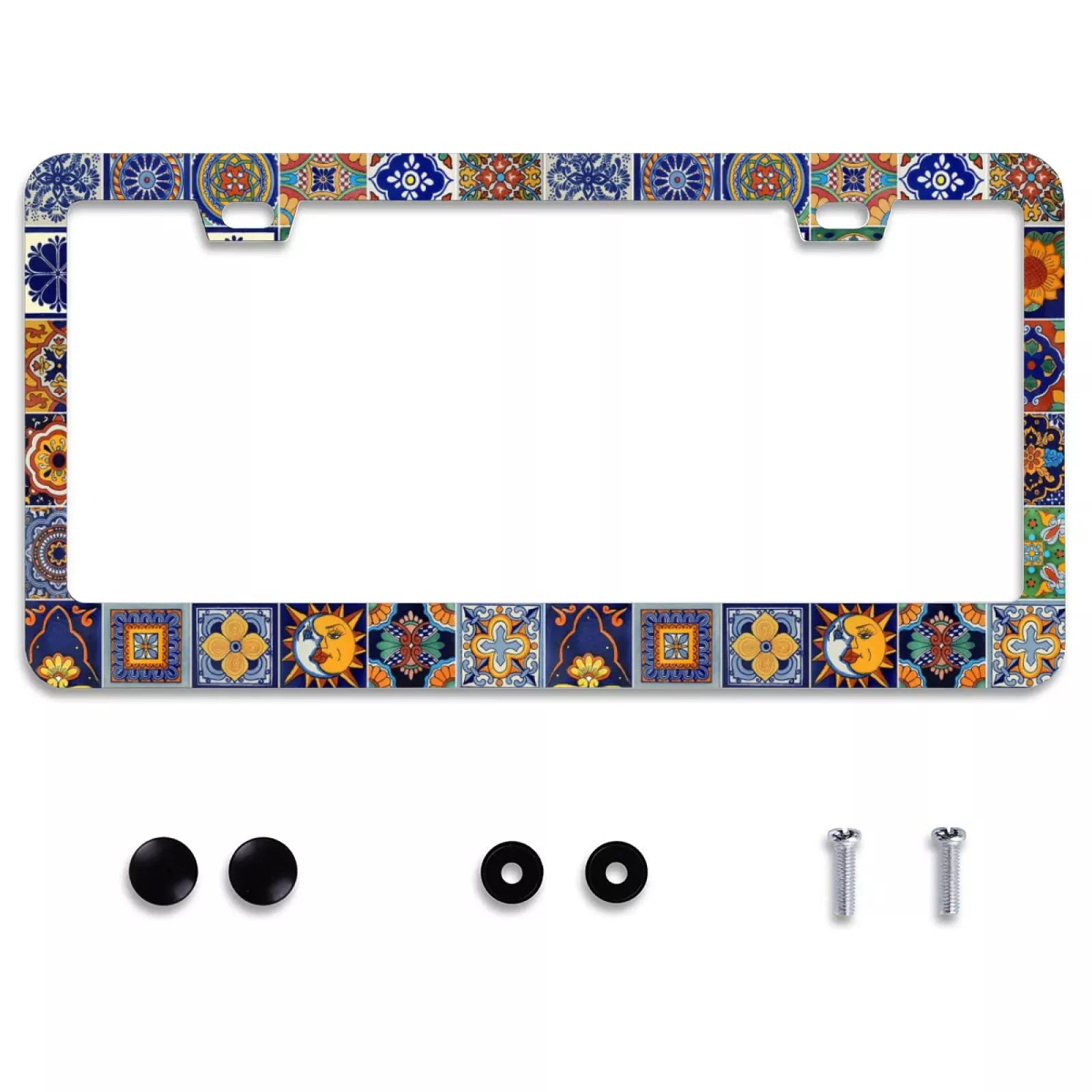 Personalise Mexican Tiles License Plate Frames Mandala Boho License Plate Frame Car Universal Stainless Steel Accessories Cars Decorative 2 Holes Screws Fits Standard Us Vehicles Size 12.2 X 6 Inches