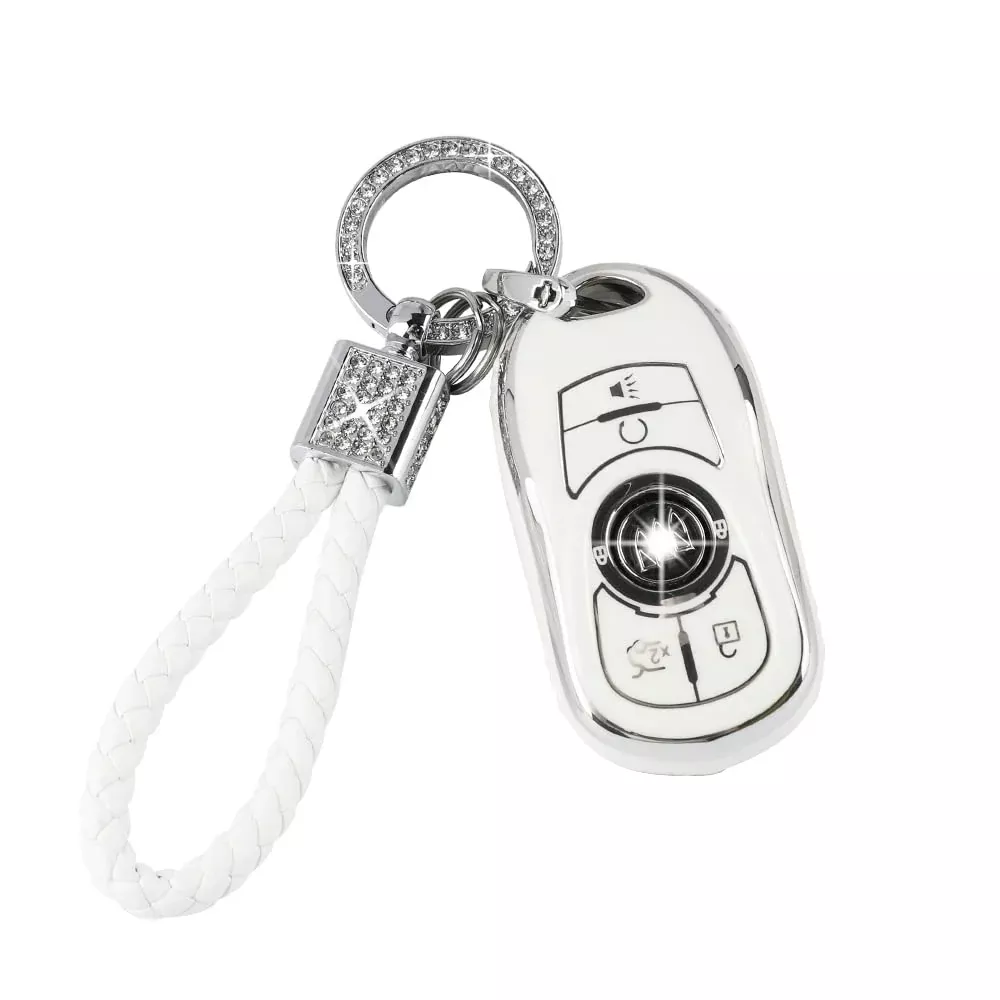 Pifoog White Key Fob Cover For Buick 6 Buttons Car Keys Shell Case Protector Soft Tpu Bling Keychain For Buick Enclave Encore Lacrosse Regal Envision Accessories Girly Women