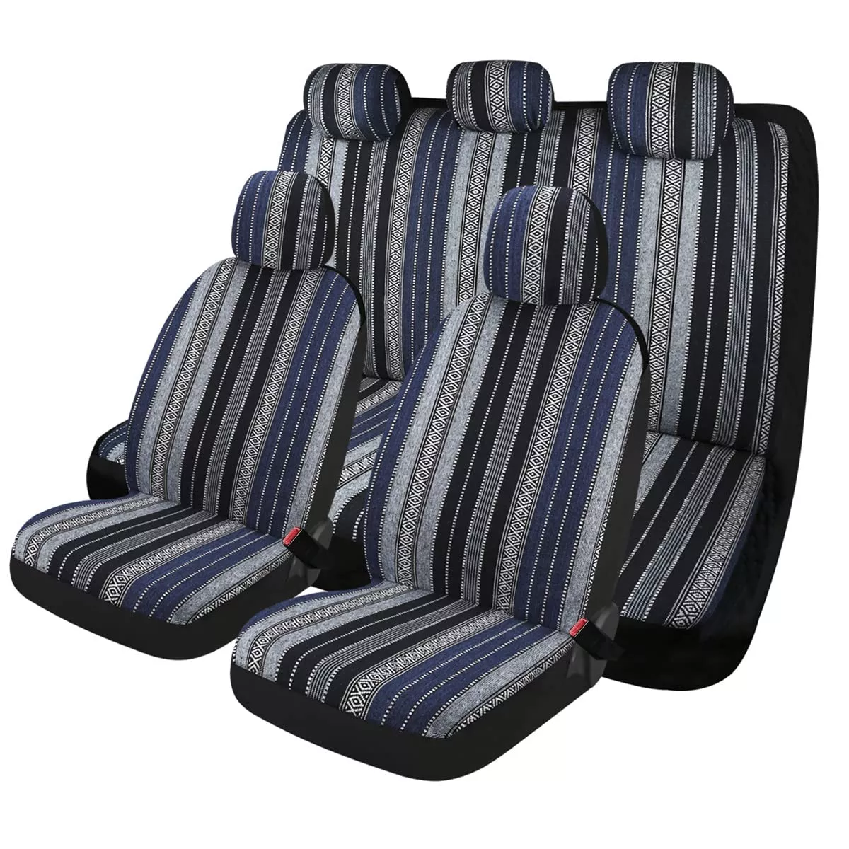 PONYJOYUP Baja Saddle Blanket Car Seat Covers 9PCS Full Set, Breathable Washable Striped for Sedan SUV Truck - Blue Baja