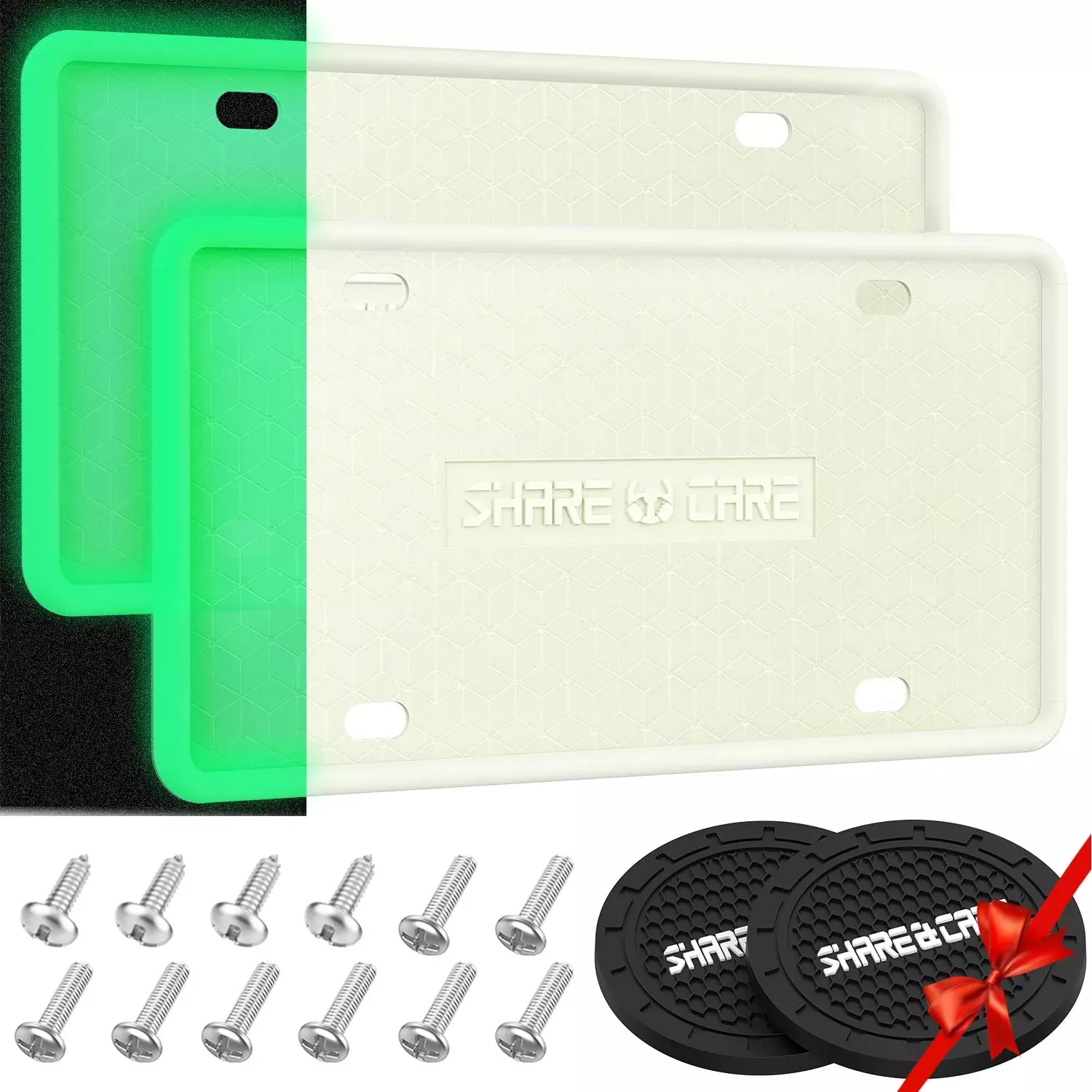 Qiqamole 2 Pack Silicone License Plate Frame Front Back License Plate Cover License Plate Bracket Holder Rust-Proof Rattle-Proof Weather-Proof For Us Ca Standard Car & 2Pcs Water Coaster (White/Grow)
