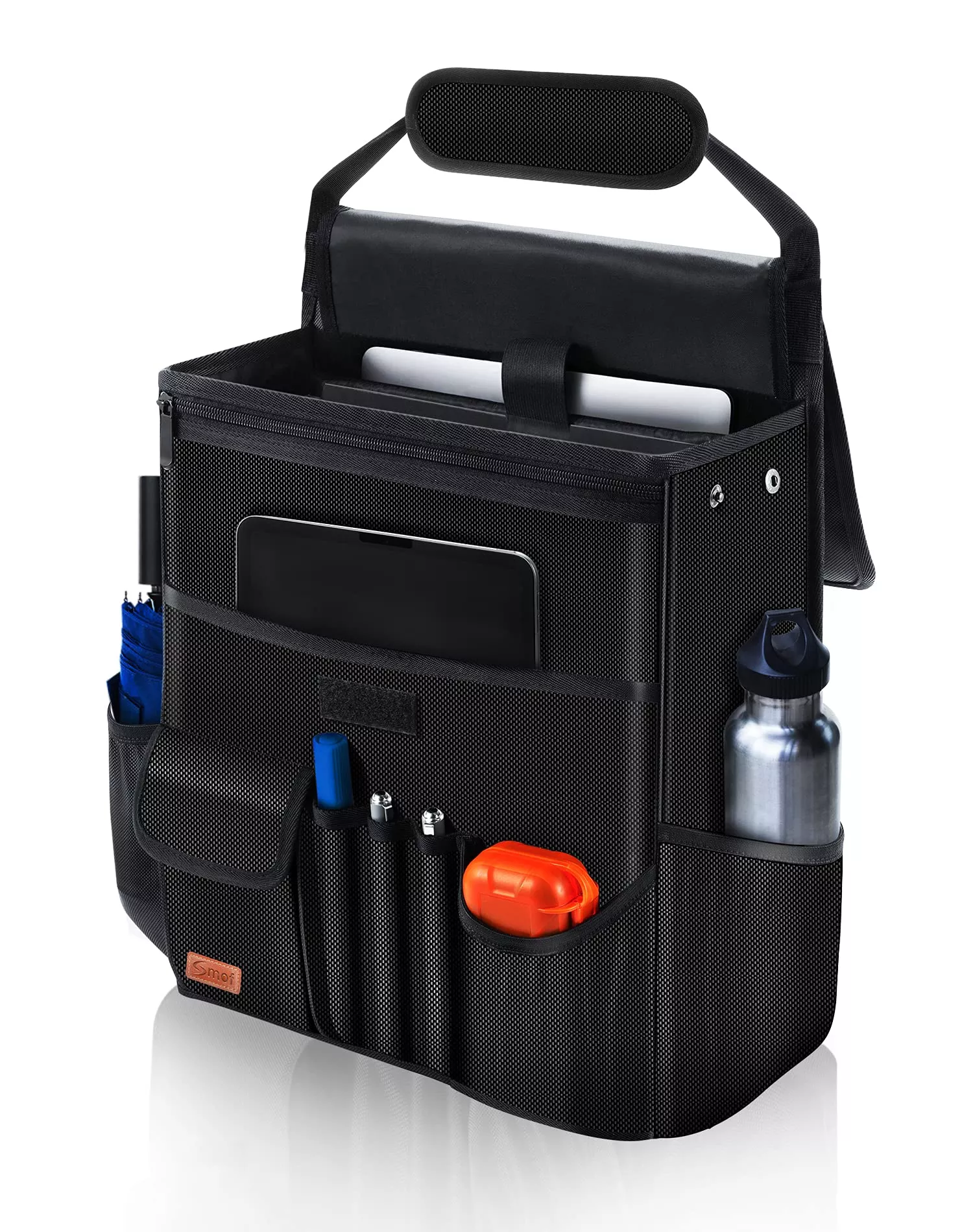 Smof Car Organizer for Front Seat - Black Oxford Storage with Multiple Pockets, Laptop Holder & Cup Holder, Model SMEU-FSO02