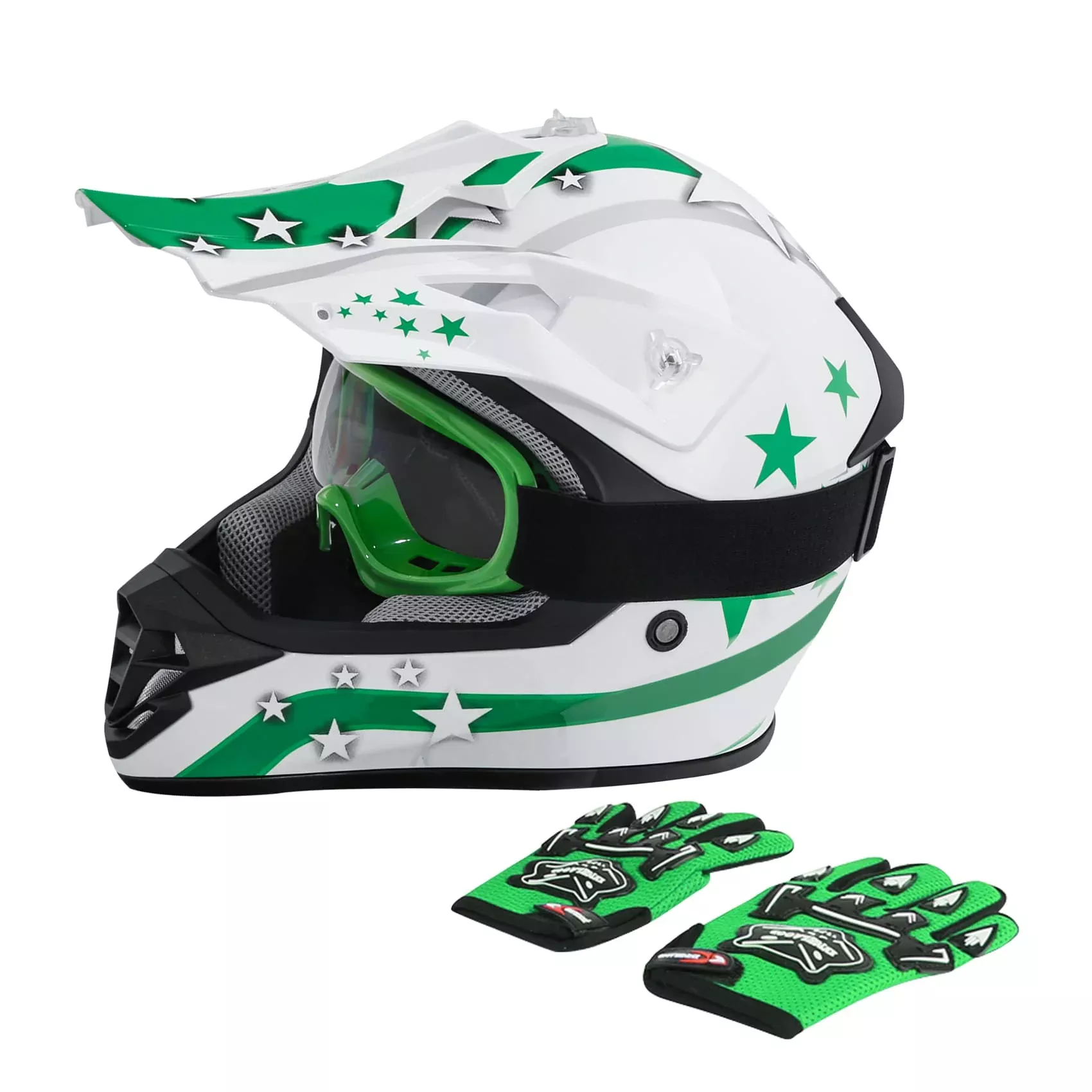 Tct-Motorparts Dot Youth Atv Helmets W/Goggles+Gloves Kids Motocross Offroad Street Dirt Bike Helmet+Gloves+Goggles White W/Green Star Xl