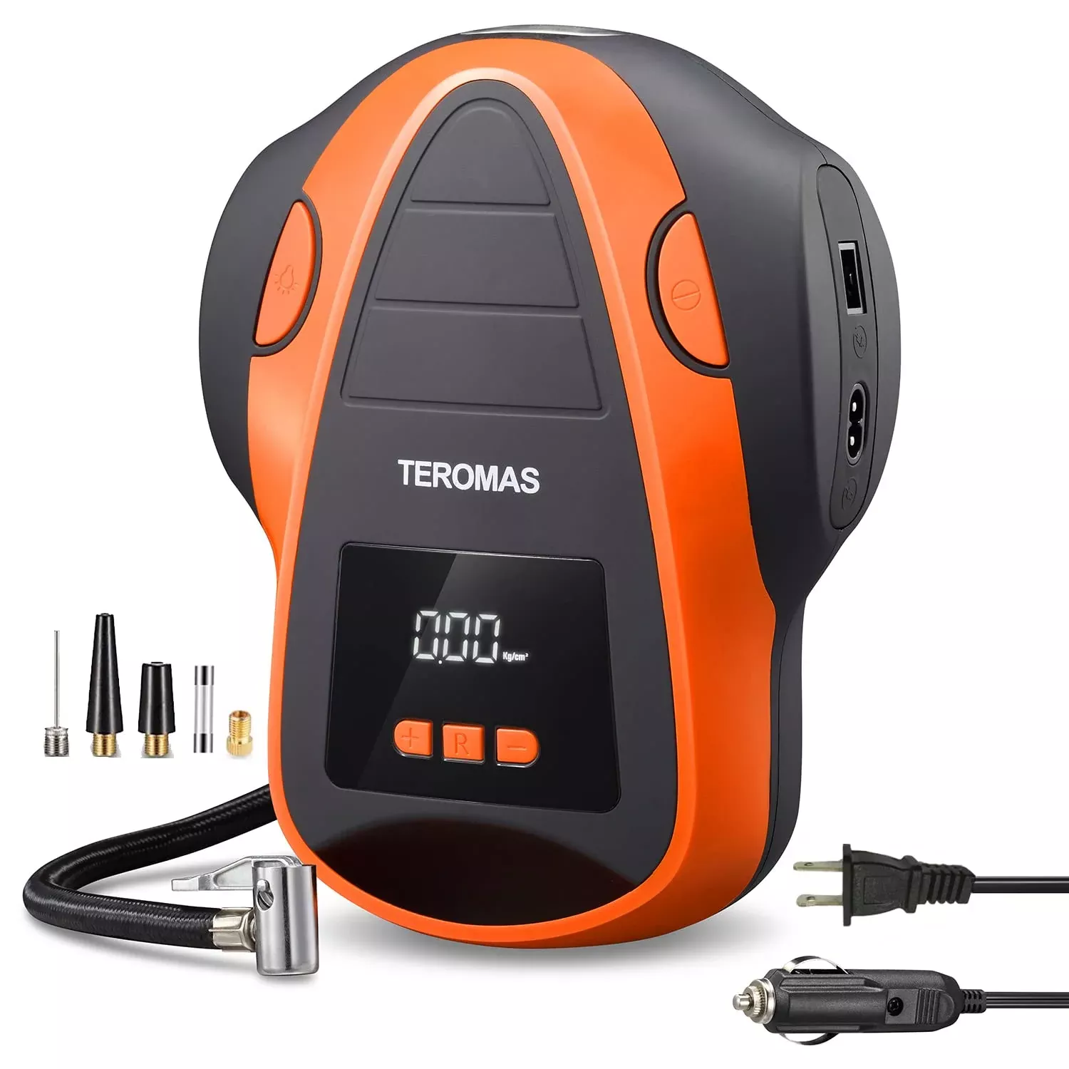 TEROMAS Portable Tire Inflator Air Compressor 12V DC/110V AC, Digital Pump with Pressure Gauge, Orange, Model TMS-3015