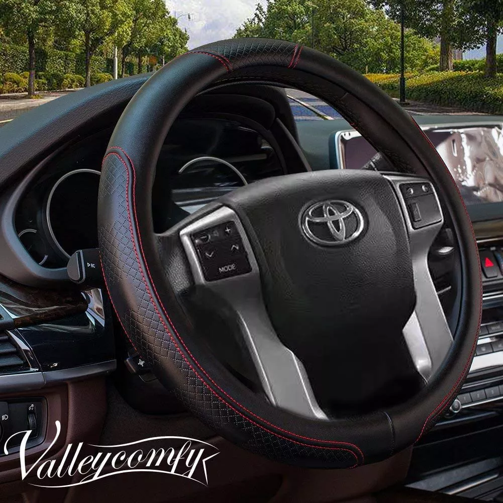 Valleycomfy Leather Steering Wheel Covers Universal 15.75 Inch -Breathable, Anti Slip & Odor Free (Black With Red Lines,L(15 1/2-16))
