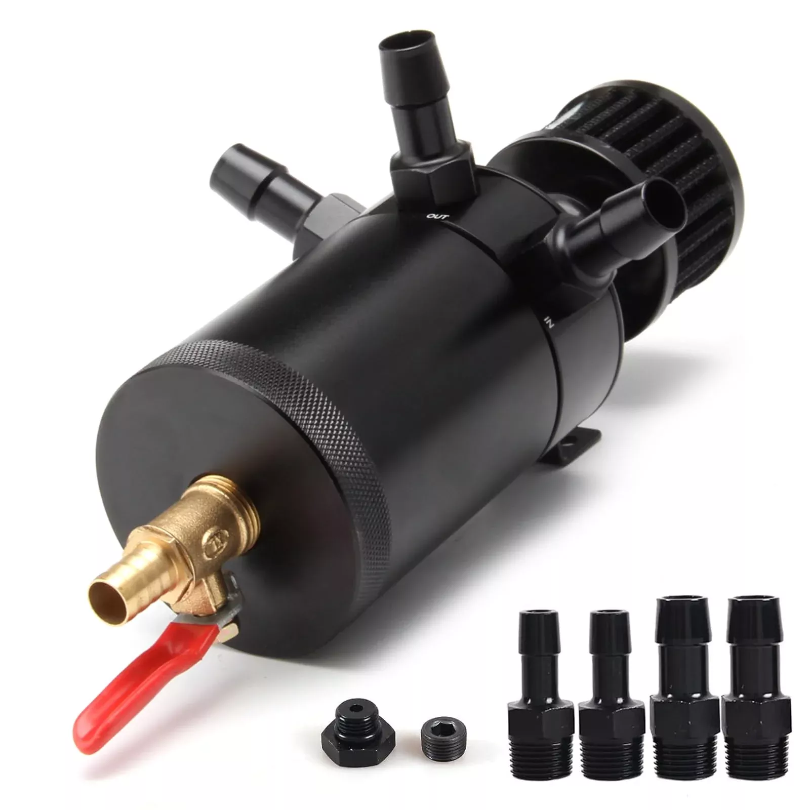 WENJTP 150ml Car Oil Catch Can Kit - Compact 3-Port Oil Separator, Black Aluminum with Breather Filter & Drain Valve, Model M2/OCC002-3-BK