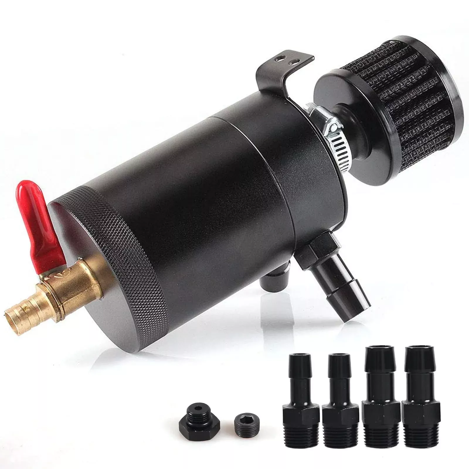 WENJTP Oil Catch Can Kit - 150ml Universal Aluminum Baffled Tank, 2 Ports, Black, Model M2/OCC002, Includes 4 Adapters & Breather Filter