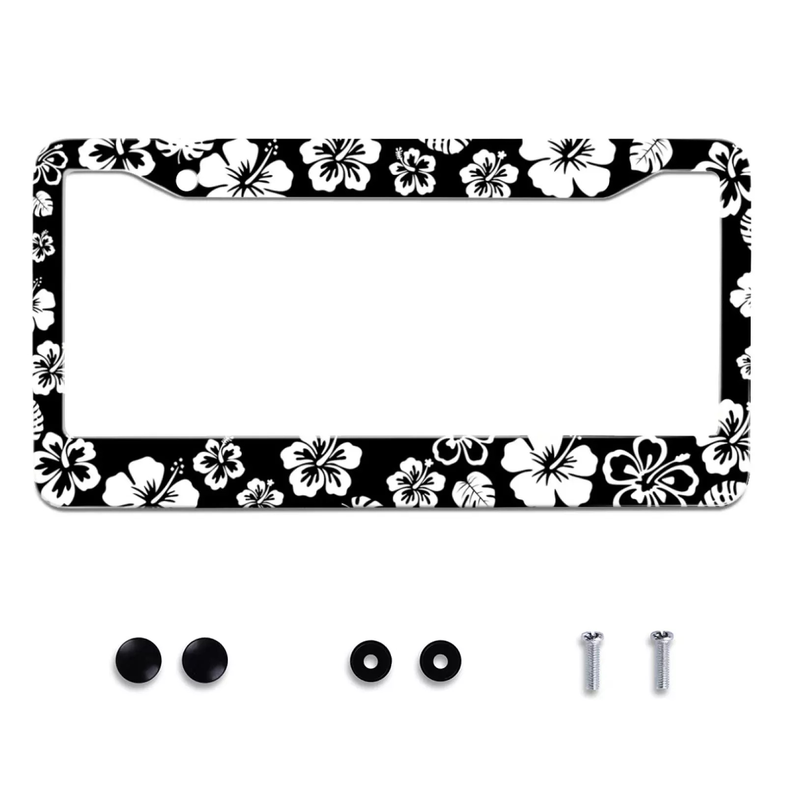 White Hibiscus Hawaii Flowers License Plate Frames Floral Round Hole Personalise License Plate Frame Car Universal Accessories Stainless Steel Cars Decor Fits Standard Us Vehicles Size 12.2 X 6 Inches