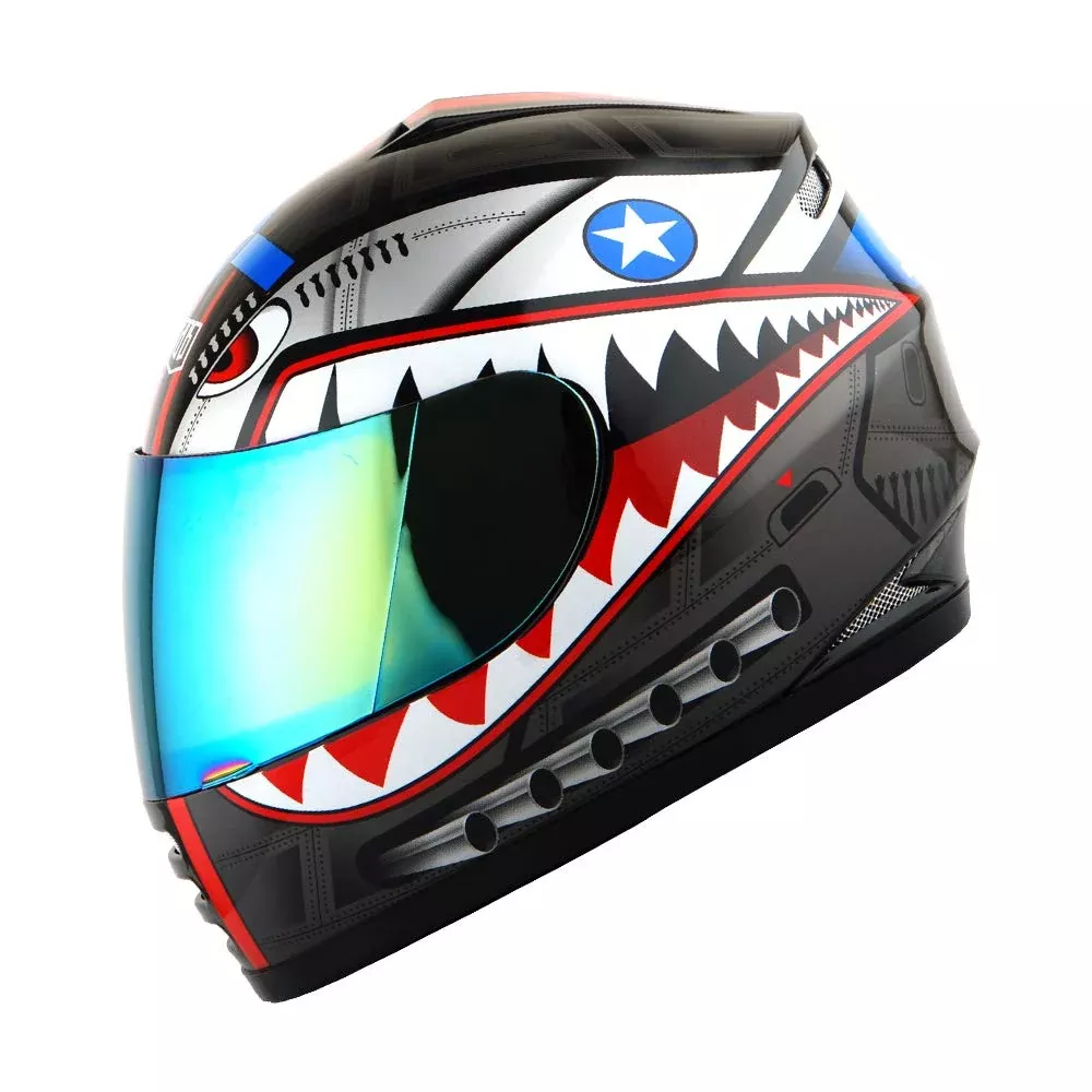 WOW Motorcycle Full Face Helmet - Medium Thermoplastic, Shark Black - Model HKY-B15 for Street Bike, BMX, MX, Youth & Kids