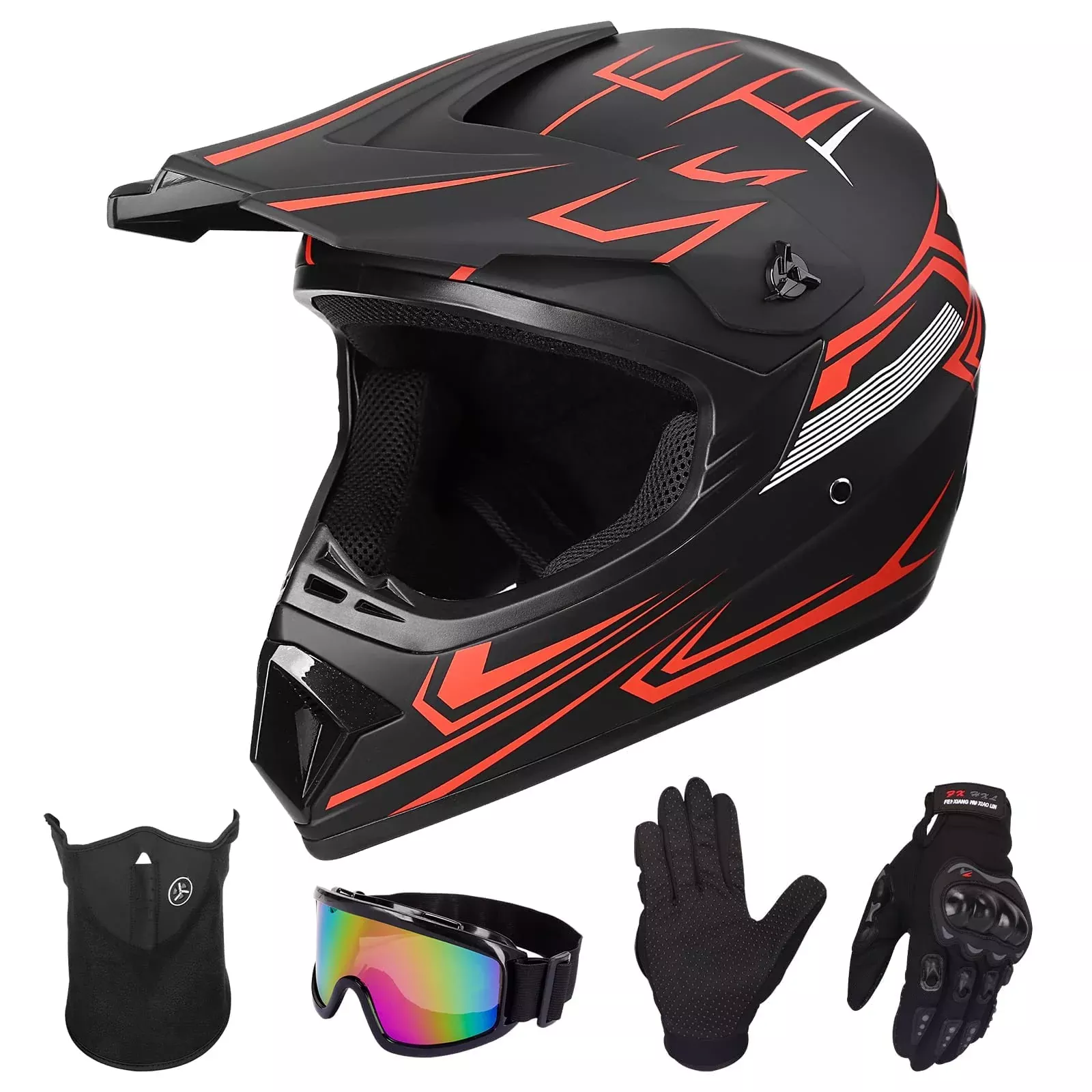 Yesmotor Youth Kids Full Face Motocross Helmet Set - DOT Approved, Red, X-Large, Includes Gloves, Goggles, Mask, ABS Material