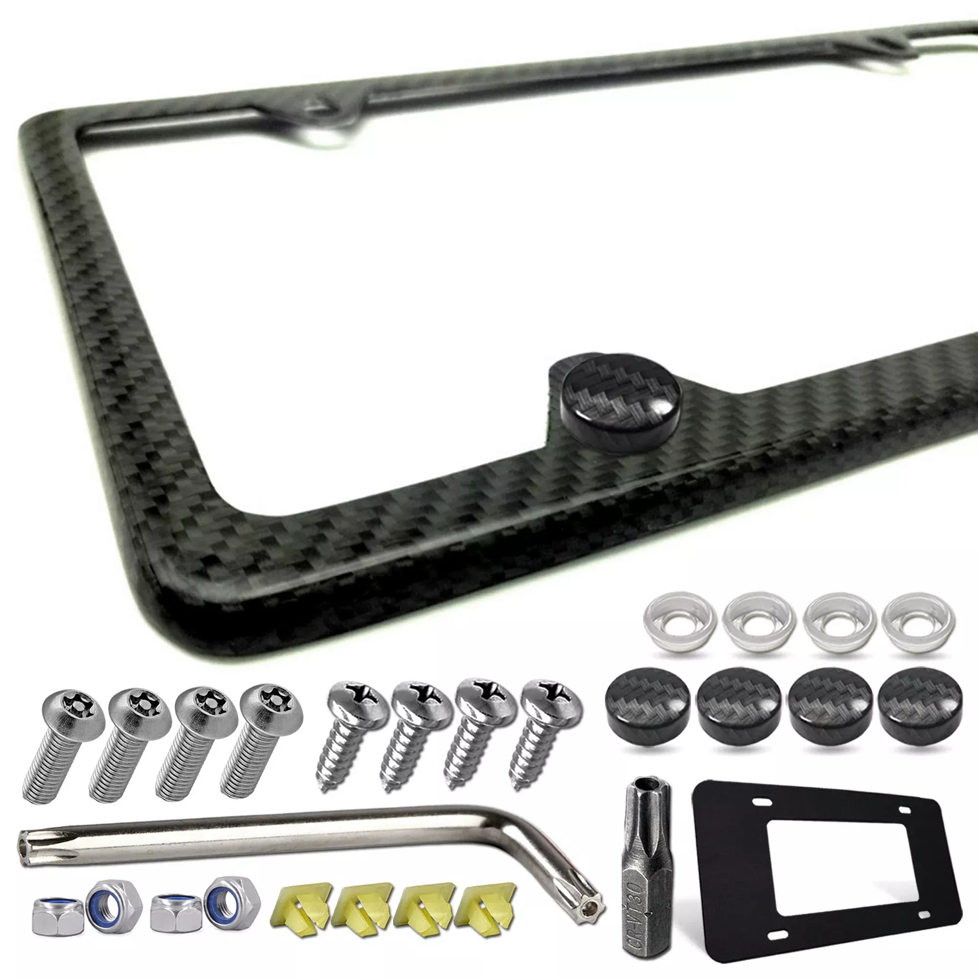 Zxfoog Carbon Fiber License Plate Frame- 100% Handcrafted Real Carbon Fiber Cloth Wrapped Holder, Slim Black Aluminum Car Tag Cover With Stainless Steel Screws Caps, Rattle Proof Pad, 1 Pack 4 Hole